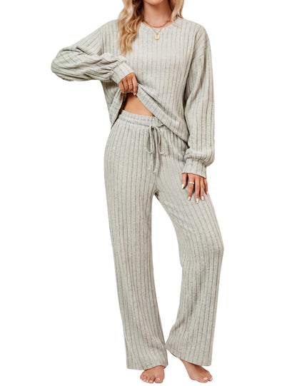 Blooming Jelly Women Ribbed Long Sleeve Pajama Sets Fall Loungewear Pockets