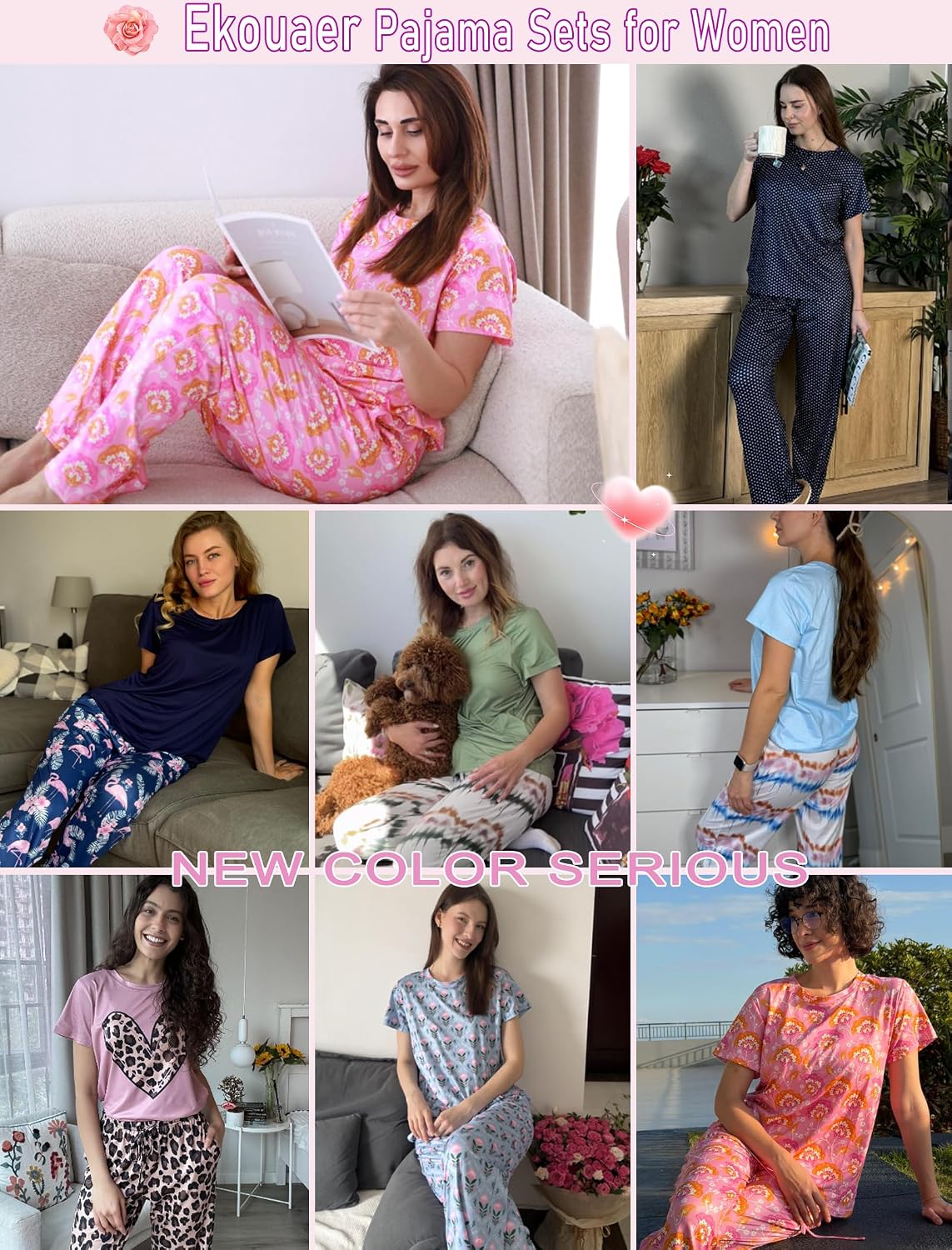 Ekouaer Womens Pajamas Sets Round Neck Pjs Loose Lounge Sets Sleepwear