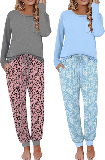Ekouaer 2 Pack Womens Pajama Sets Long Sleeve Pjs Soft Comfy Lounge Set