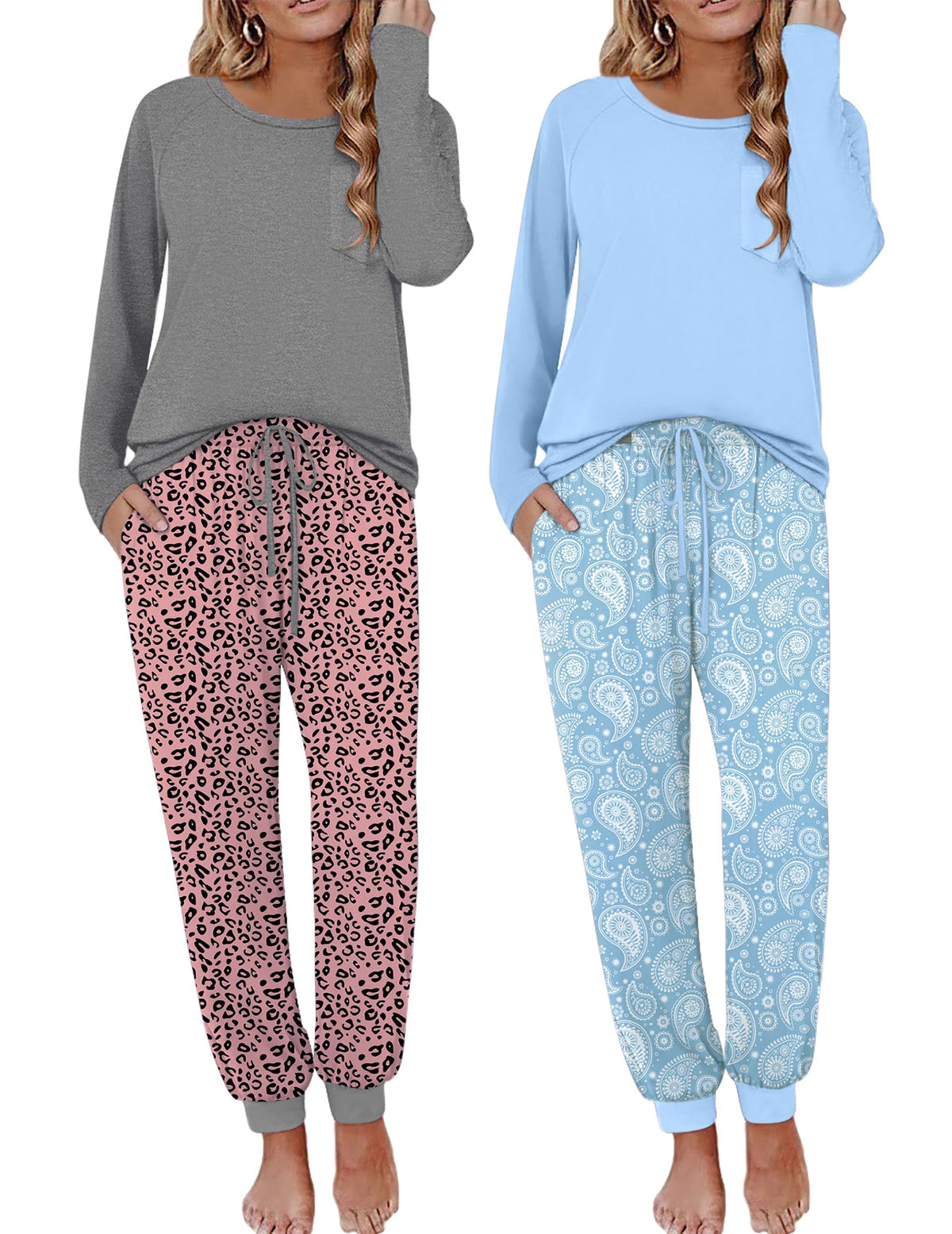 Ekouaer 2 Pack Womens Pajama Sets Long Sleeve Pjs Soft Comfy Lounge Set
