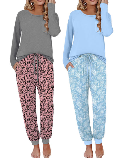 Ekouaer 2 Pack Womens Pajama Sets Long Sleeve Pjs Soft Comfy Lounge Set