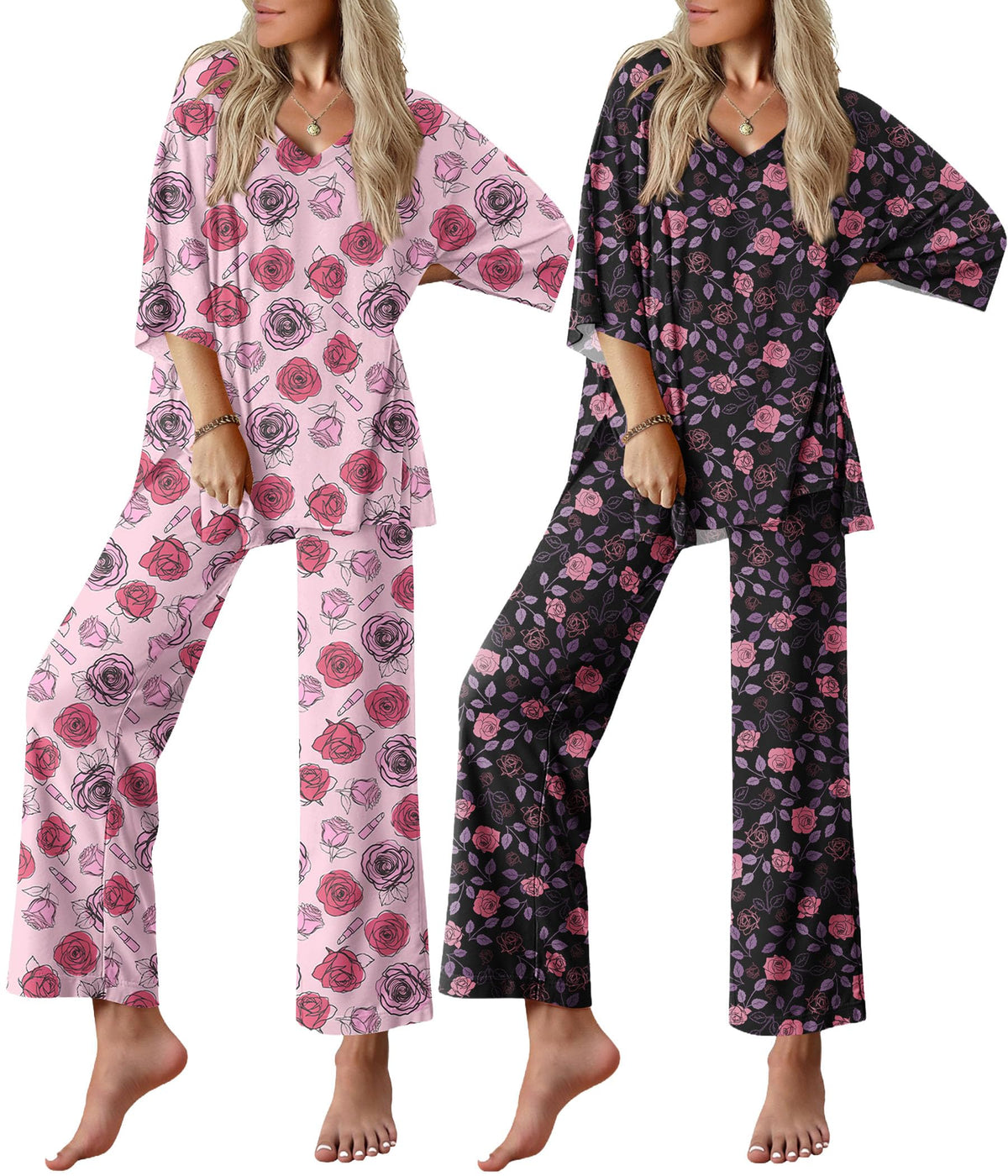 Ekouaer 2 Packs Lounge Set for Women Short Sleeve Pajamas Top and Long Pant