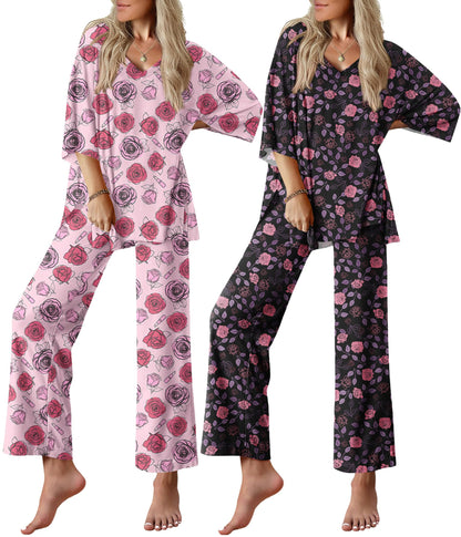 Ekouaer 2 Packs Lounge Set for Women Short Sleeve Pajamas Top and Long Pant