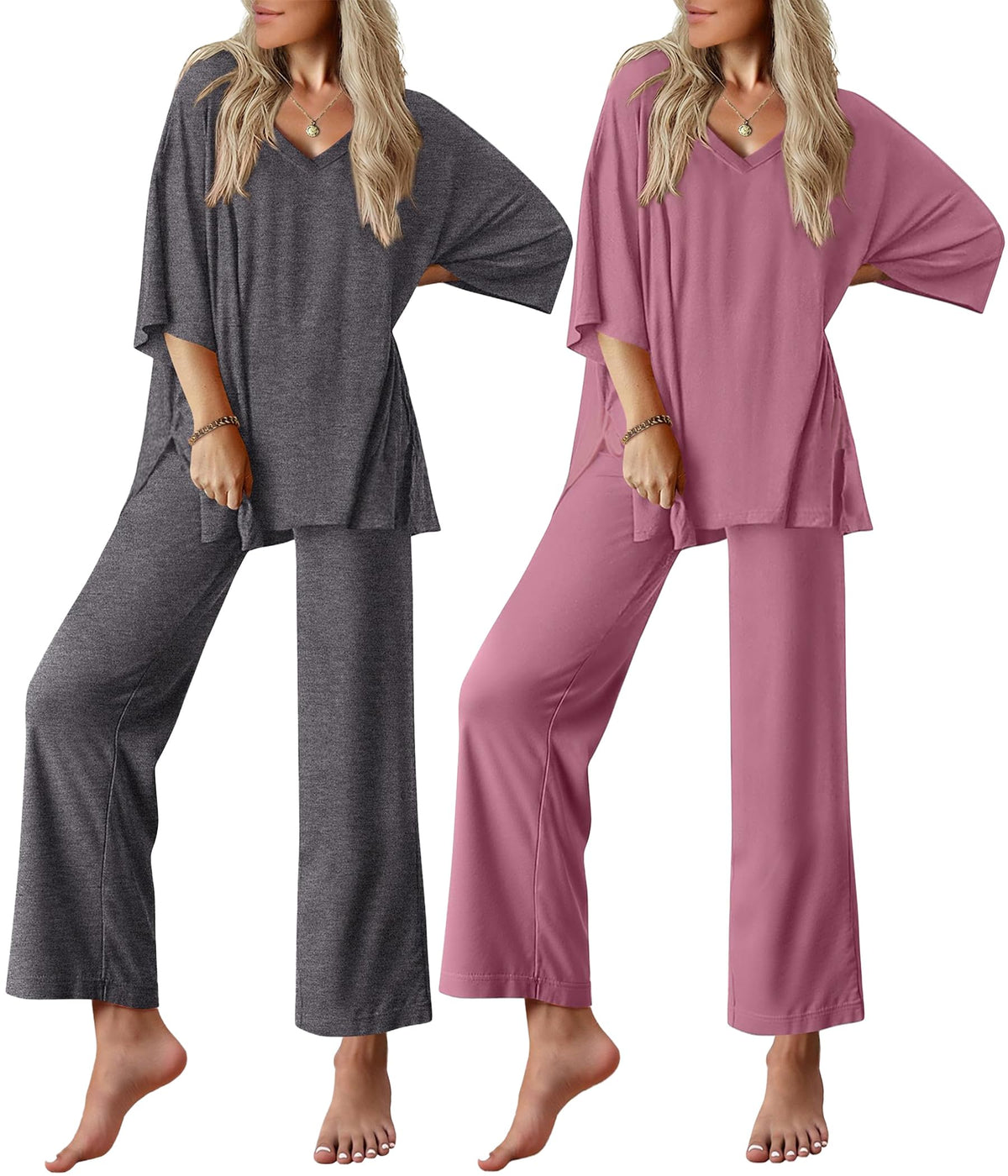 Ekouaer 2 Packs Lounge Set for Women Short Sleeve Pajamas Top and Long Pant