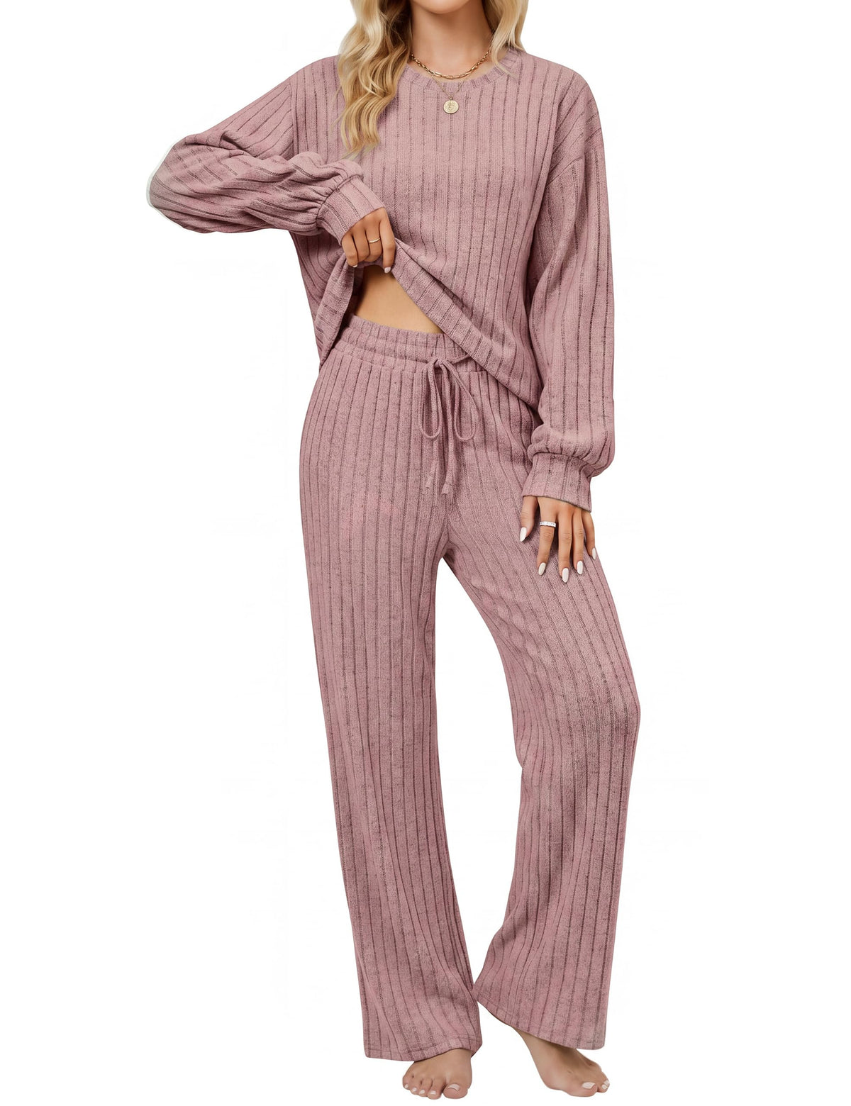 Blooming Jelly Women Ribbed Long Sleeve Pajama Sets Fall Loungewear Pockets