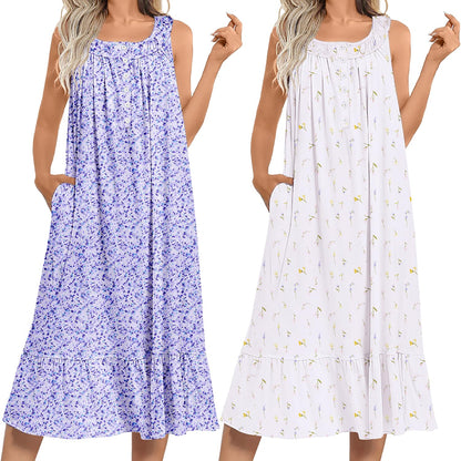 Ekouaer 2 Pack Nightgowns for Women Sleeveless Long Night Gowns Victorian Nightdress with Pockets Soft Ladies Gown