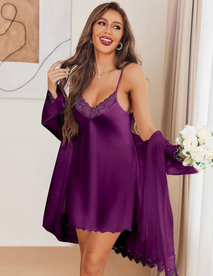 Ekouaer 2 Pack Nightgowns for Women Satin Silk Lingerie Chemise Sleepwear