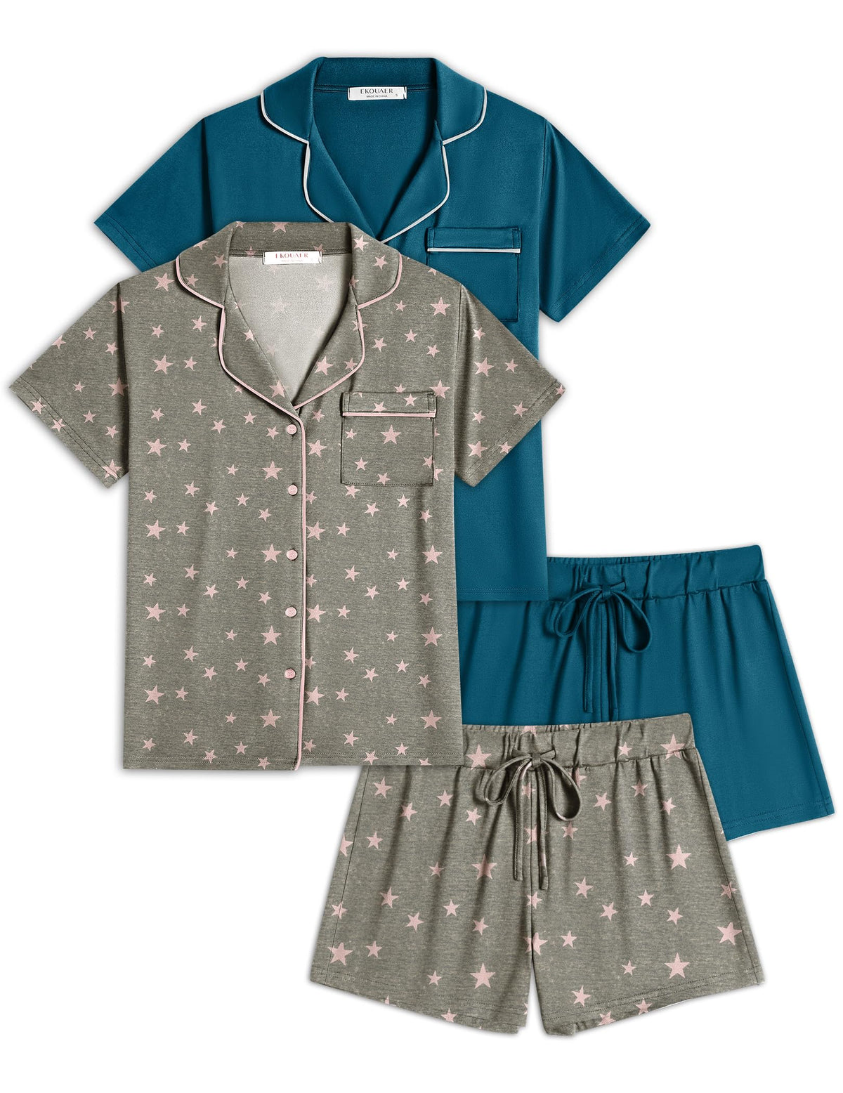 Ekouaer Womens Pajamas Set 2 Pack Button Down Summer Short Sleeve Pjs S-XXL