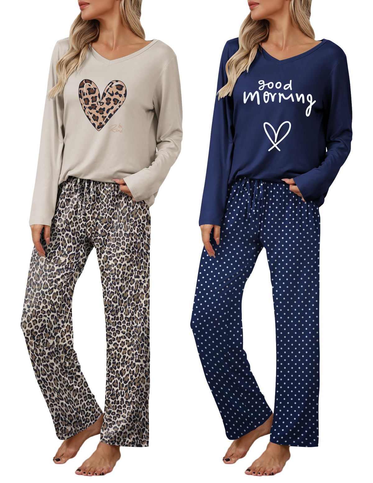 Ekouaer Women's 2 Pack Long Sleeve Pajama Sets V Neck Lounge Sets