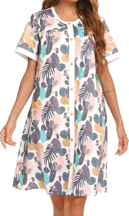 YOZLY House Dress for Women Short Sleeve House Coats Dusters Robe Moomoo nightgowns with Pockets