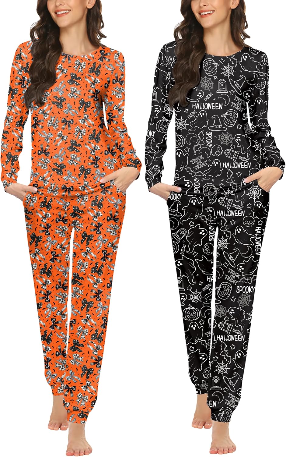 Ekouaer 2 Pack Pajama Sets for Women,Long Sleeve Top Jogger Pant Loungewear