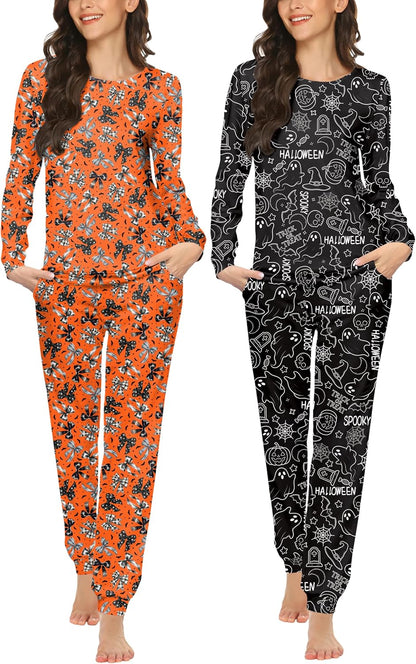 Ekouaer 2 Pack Pajama Sets for Women,Long Sleeve Top Jogger Pant Loungewear