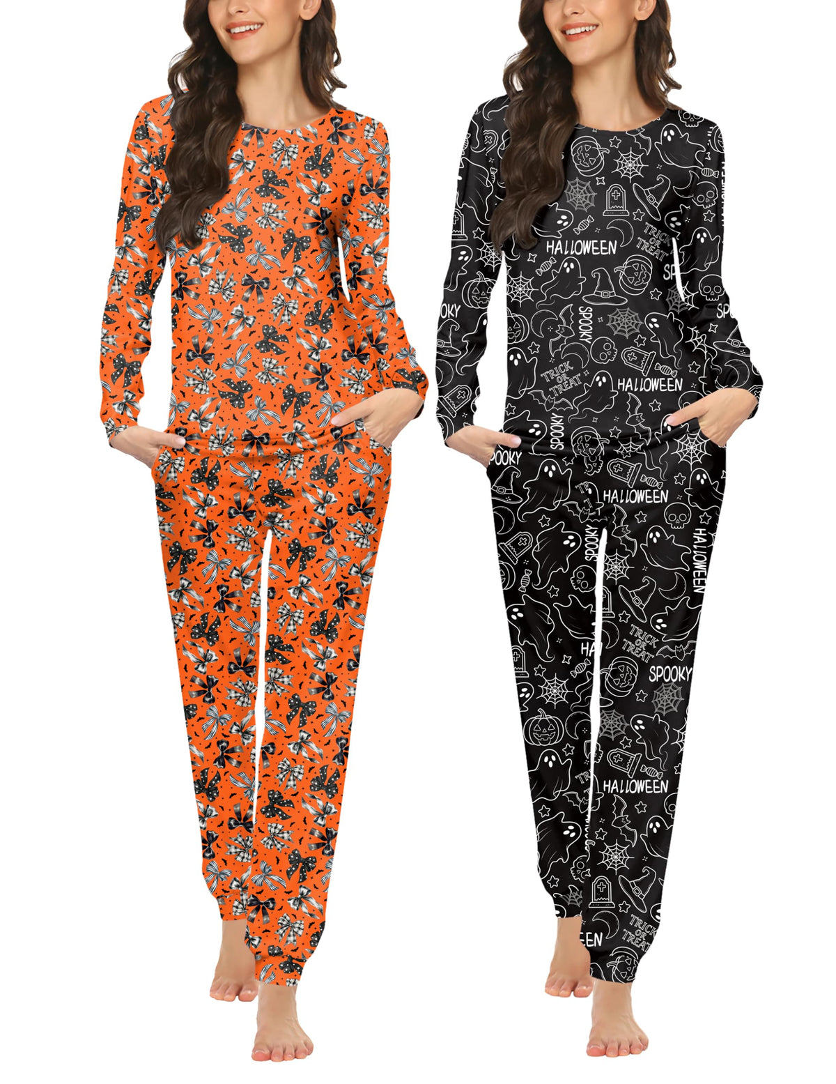 Ekouaer 2 Pack Pajama Sets for Women,Long Sleeve Top Jogger Pant Loungewear