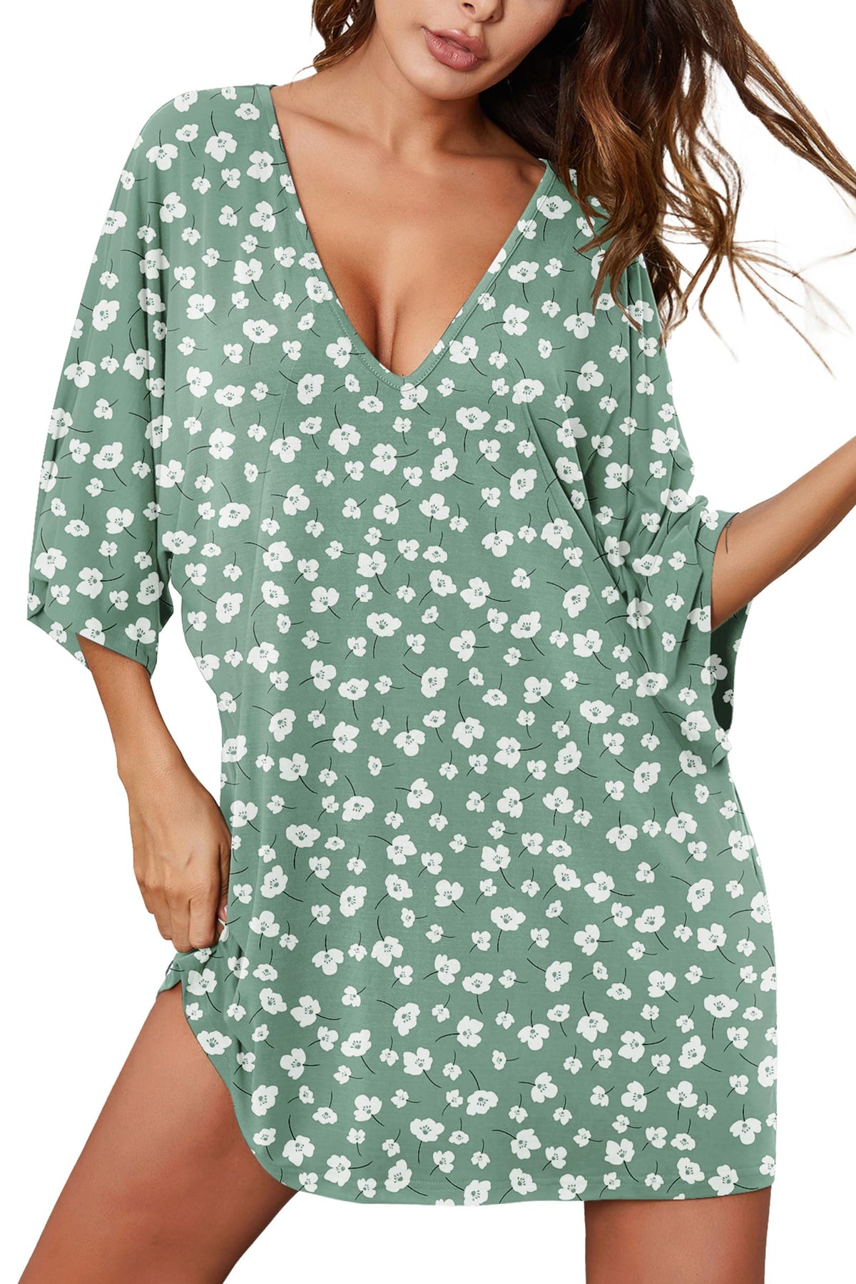 Ekouaer Nightgowns for Women Deep V Neck Sleep Shirt Oversized Night Shirt