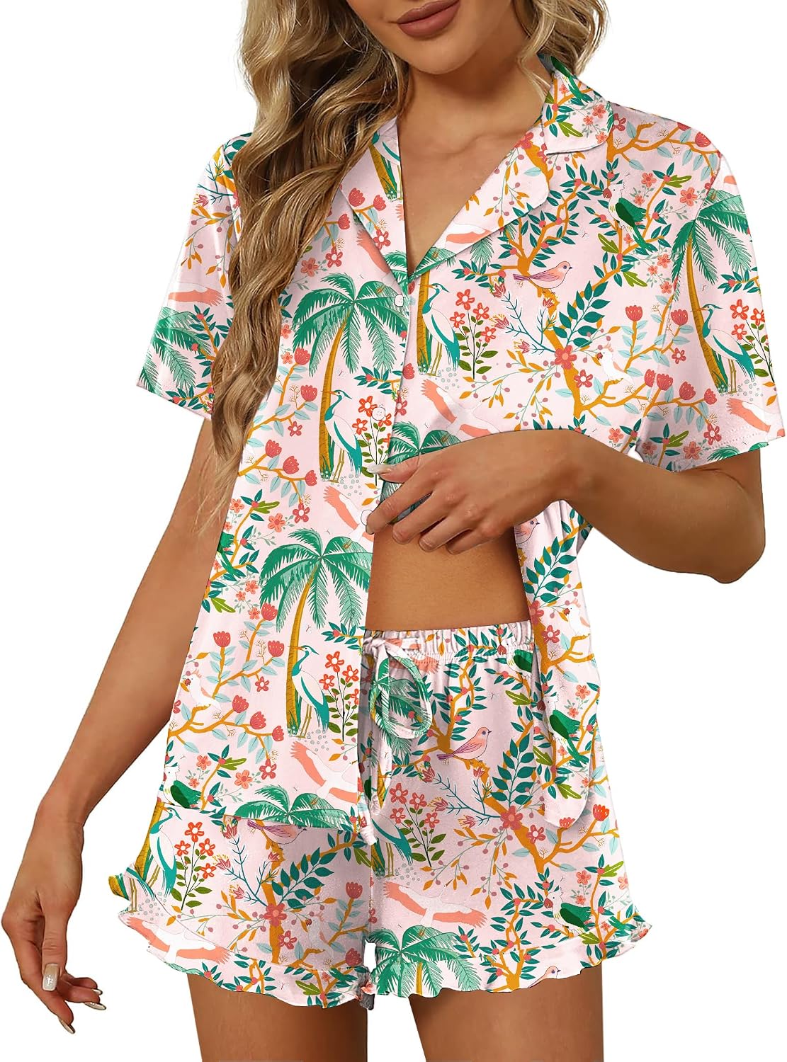 Ekouaer Pajamas Set for Women Short Sleeve Sleepwear Button Down Ruffle Pjs