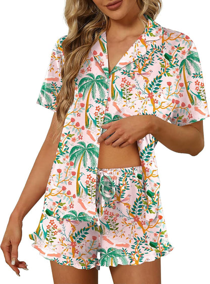 Ekouaer Pajamas Set for Women Short Sleeve Sleepwear Button Down Ruffle Pjs