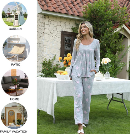 POPYOUNG Womens Pajama Set 2 Pieces Fall Pjs Comfy Sleepwear with Pockets