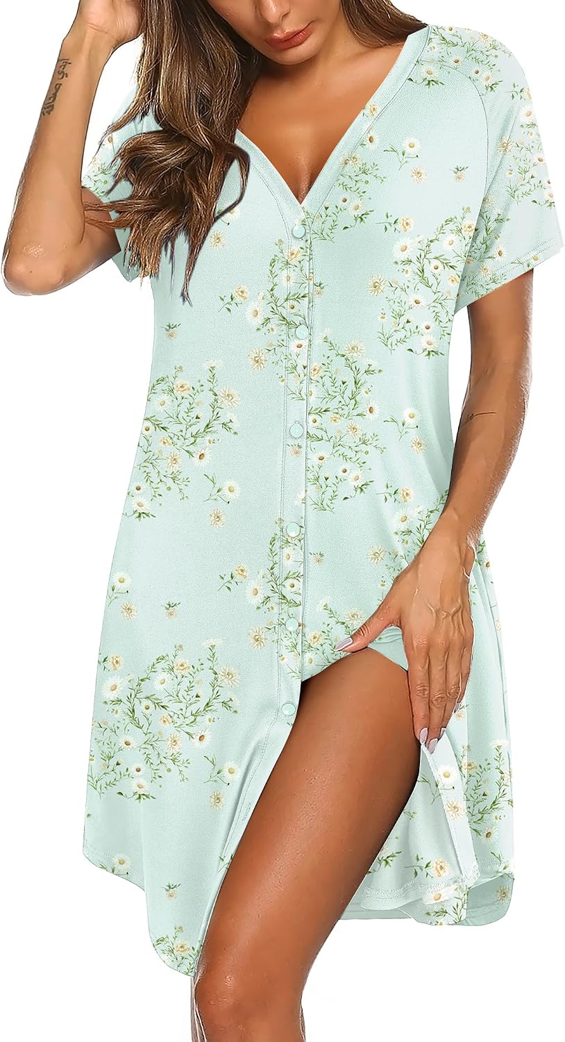 Ekouaer Nightgowns for Women Button Down Night Gown with Pockets