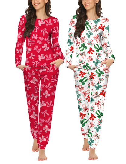 Ekouaer 2 Pack Pajama Sets for Women,Long Sleeve Top Jogger Pant Loungewear