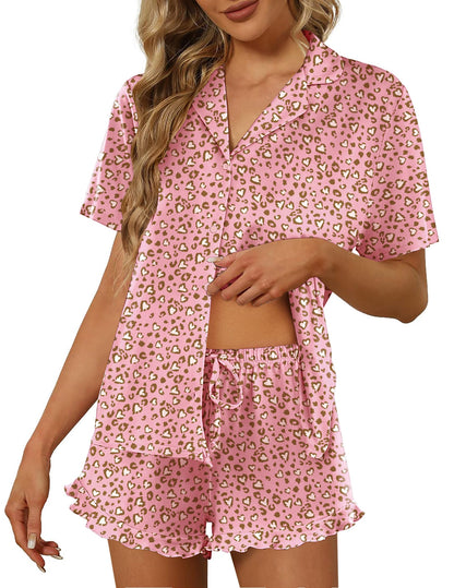 Ekouaer Pajamas Set for Women Short Sleeve Sleepwear Button Down Ruffle Pjs