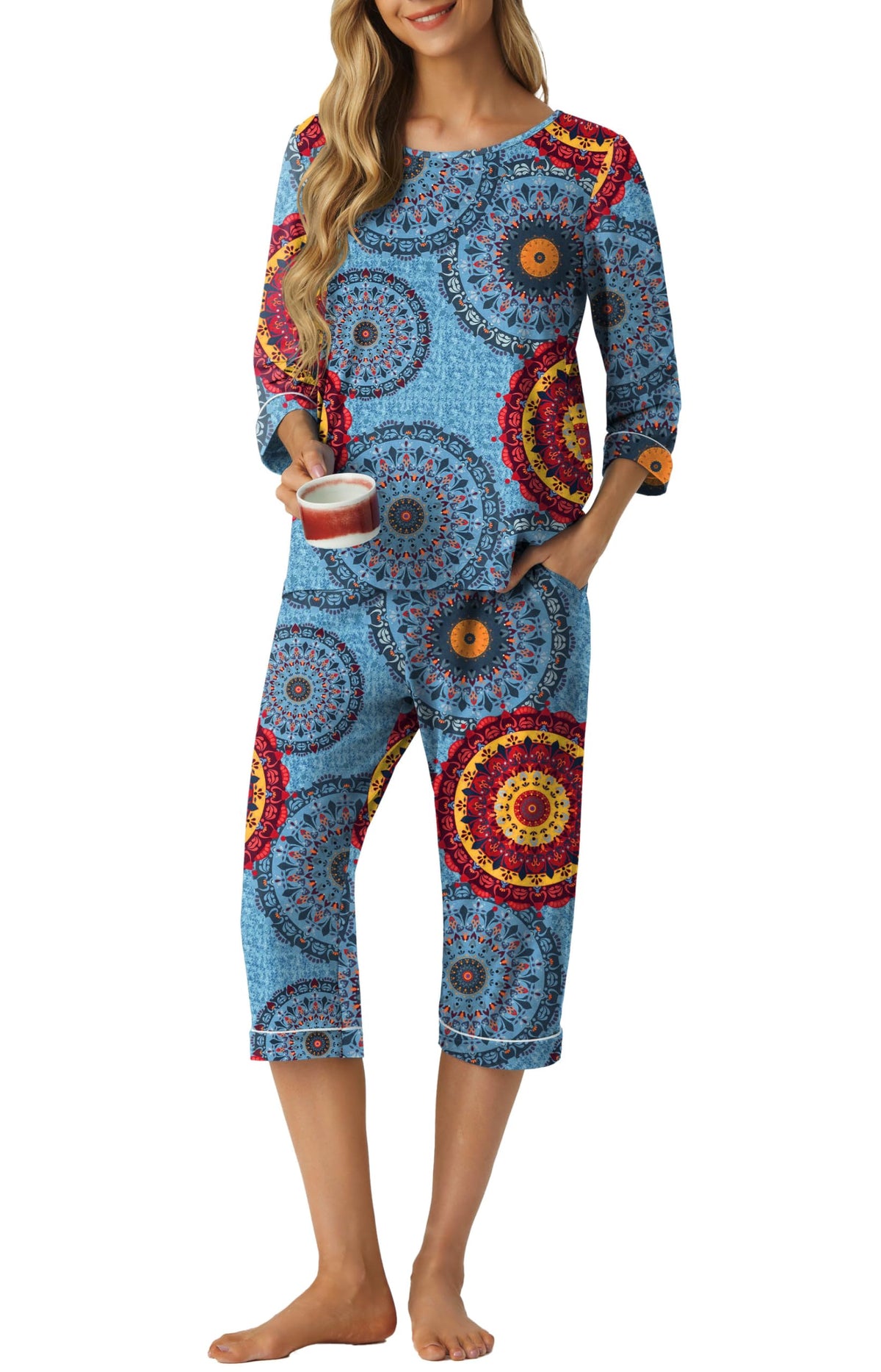 PrinStory Womens Pajama Sets Capri Pjs Soft Lounge Sets XS-4XL