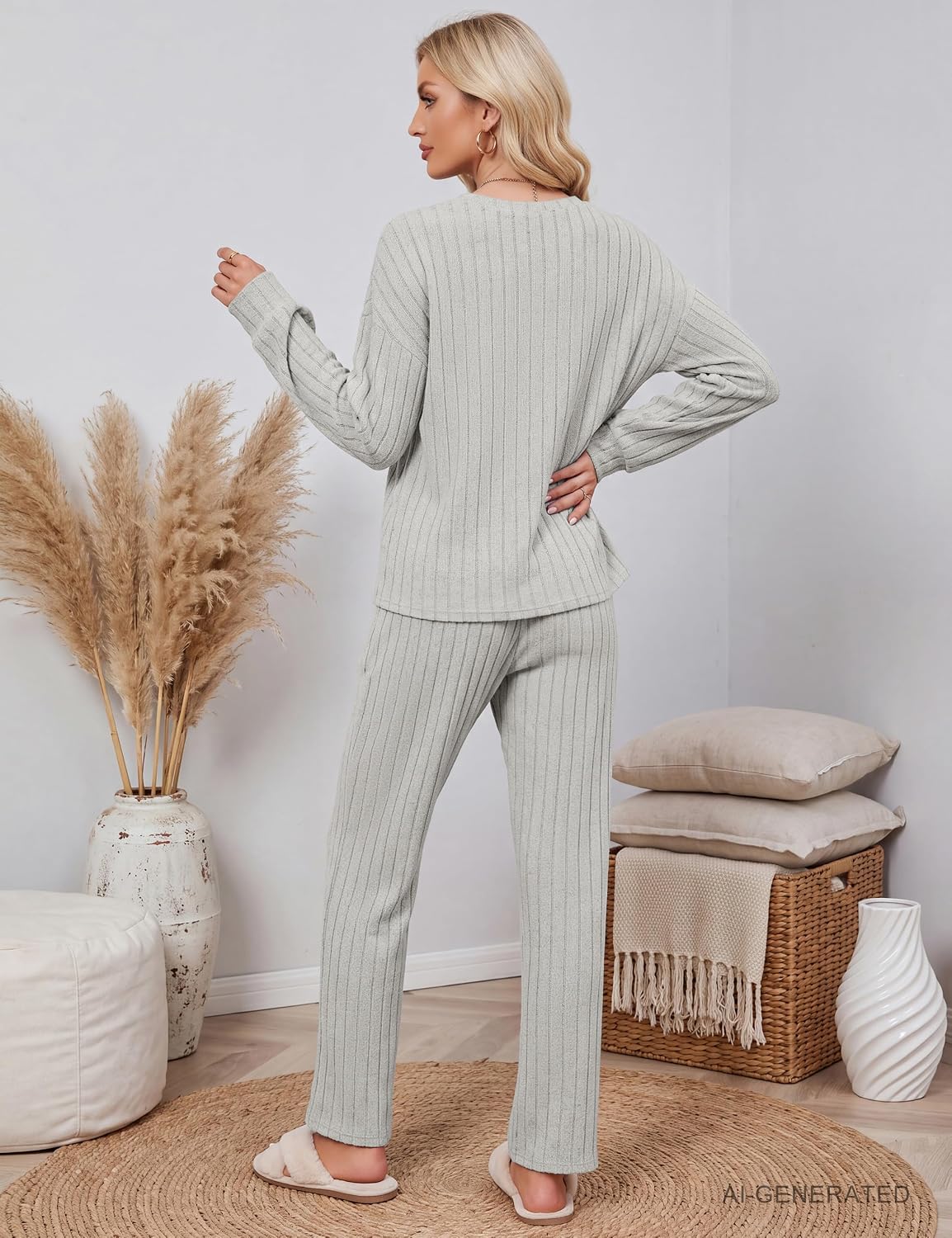 Blooming Jelly Women Ribbed Long Sleeve Pajama Sets Fall Loungewear Pockets