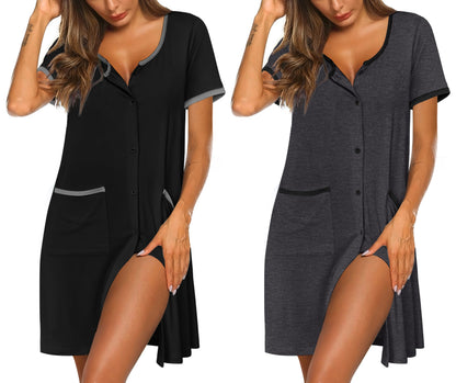 Ekouaer 2 Pack Nightgowns for Women Button Down Houese Dress with Pockets
