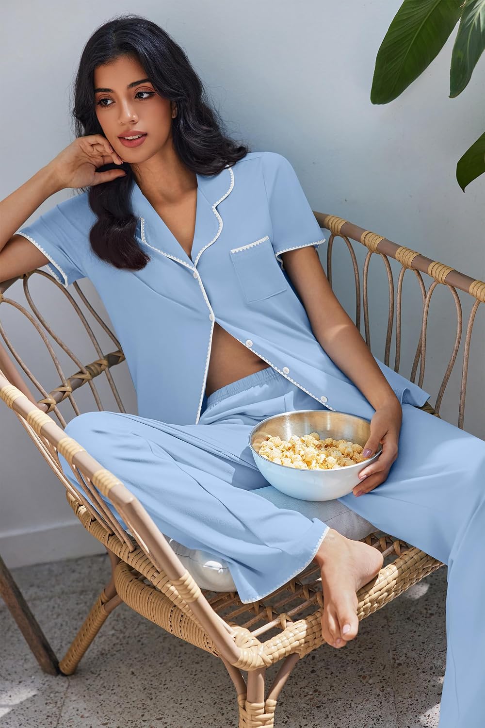 Ekouaer Pajamas for Women Set Button Up Soft Pjs Short Sleeve Lounge Sets