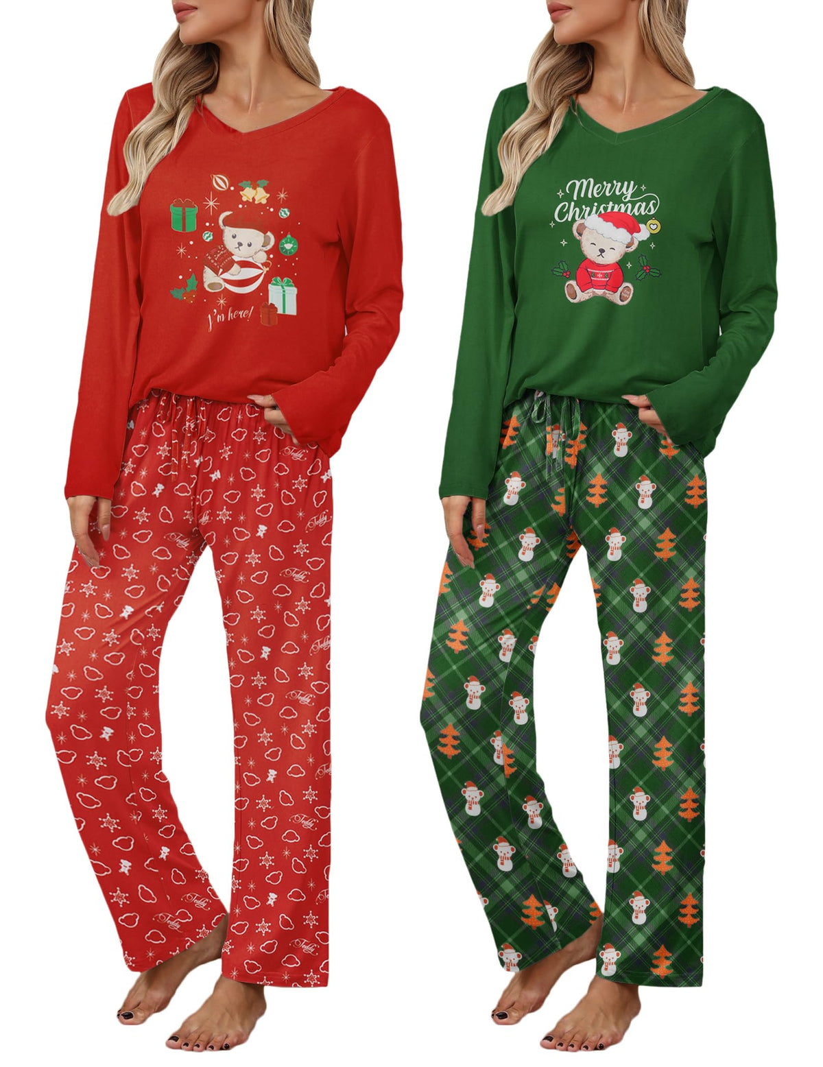 Ekouaer Women's 2 Pack Long Sleeve Pajama Sets V Neck Lounge Sets