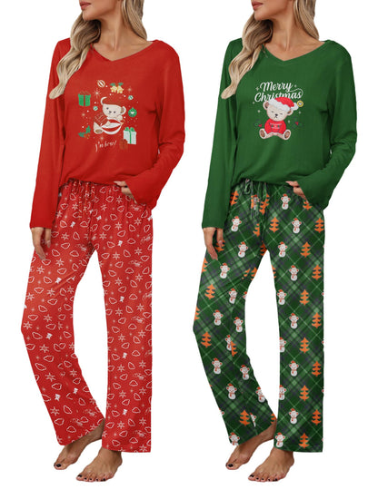 Ekouaer Women's 2 Pack Long Sleeve Pajama Sets V Neck Lounge Sets