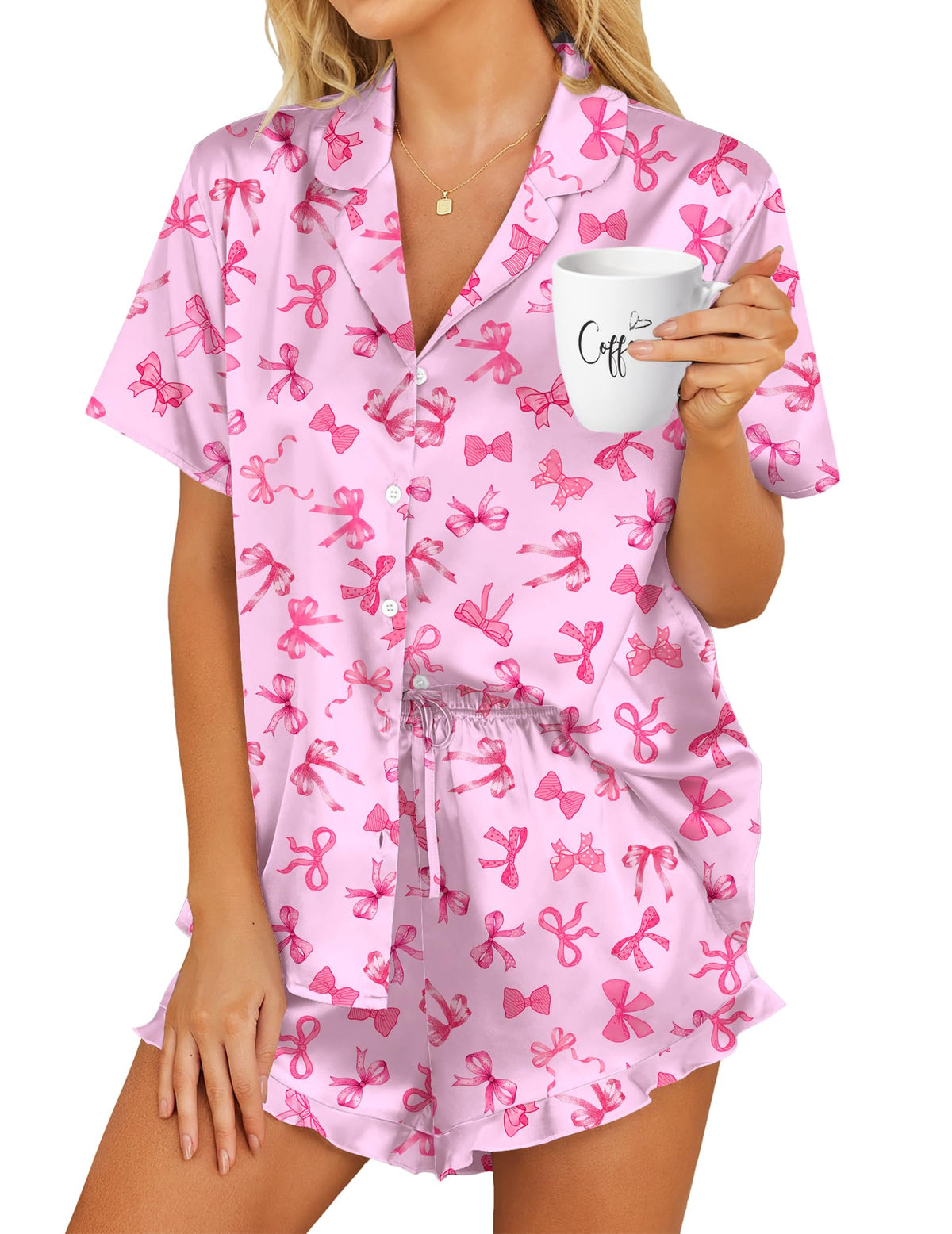 HOTOUCH Womens Satin Pajamas Set Button Down 2 Piece Ruffle Shorts Set