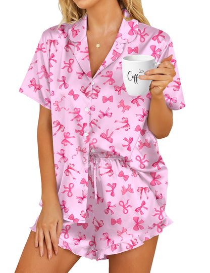 HOTOUCH Womens Satin Pajamas Set Button Down 2 Piece Ruffle Shorts Set