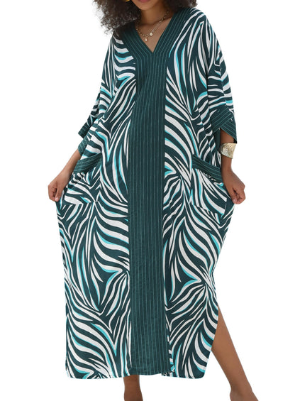 cthseie Women's Kaftan Dress Plus Size V-Neck Pocket Lightweight Swimwear Coverups Moomoo Nightgown Beach Loungewear