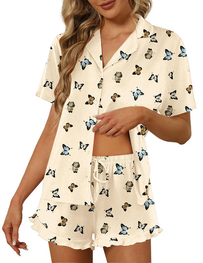 Ekouaer Pajamas Set for Women Short Sleeve Sleepwear Button Down Ruffle Pjs