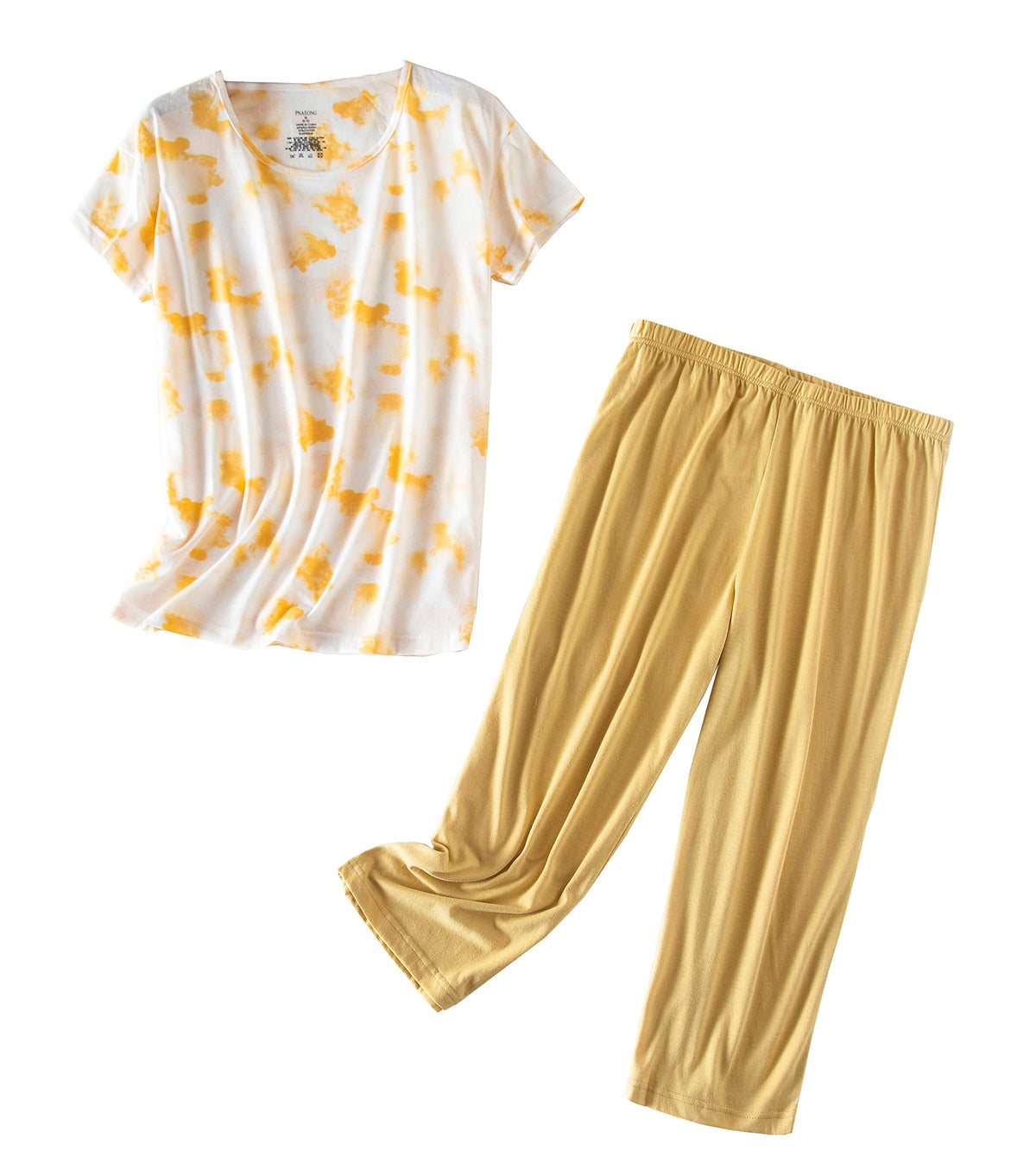 PNAEONG Womens Pajama Set Cotton Short Sleeve Top with Capri Pants Soft Pjs