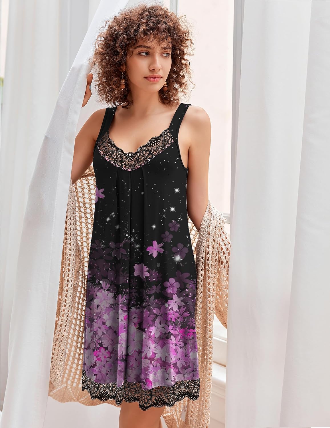 Ekouaer 2 Pack Night Gowns for Adult Women V Neck Lace Sleeveless Sleepwear