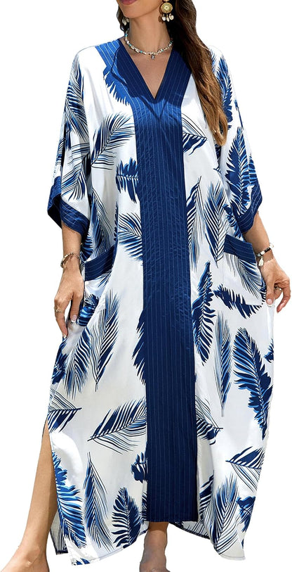 cthseie Women's Kaftan Dress Plus Size V-Neck Pocket Lightweight Swimwear Coverups Moomoo Nightgown Beach Loungewear