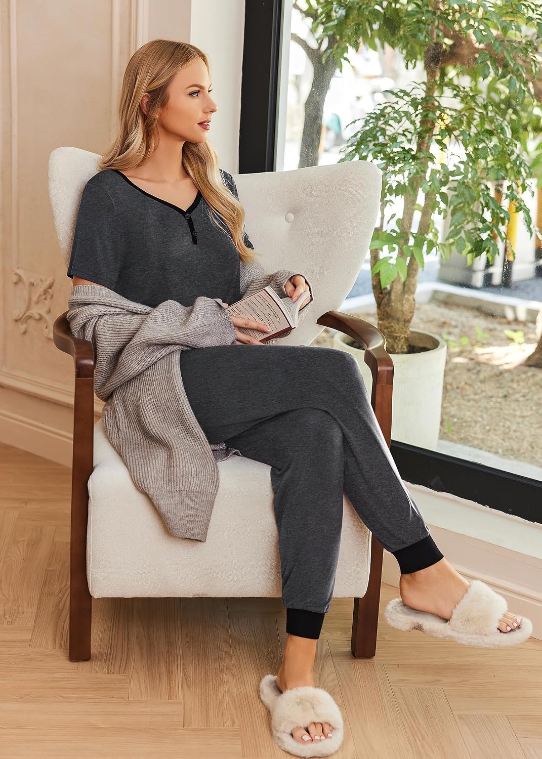 Ekouaer Pajamas for Women Set 2 Piece Short Sleeve Fall Pjs with Pockets
