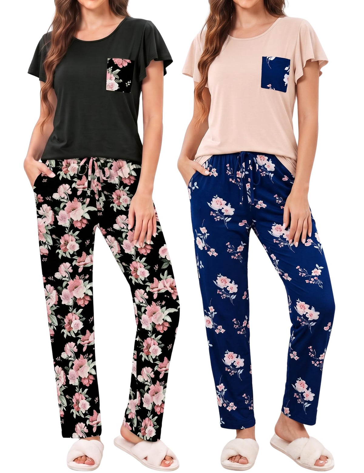 Ekouaer Pajamas for Women Set 2 Piece Comfy Loungewear, Lightweight Pjs Sleepwear, Short Sleeve Top & Long Pants with Pockets