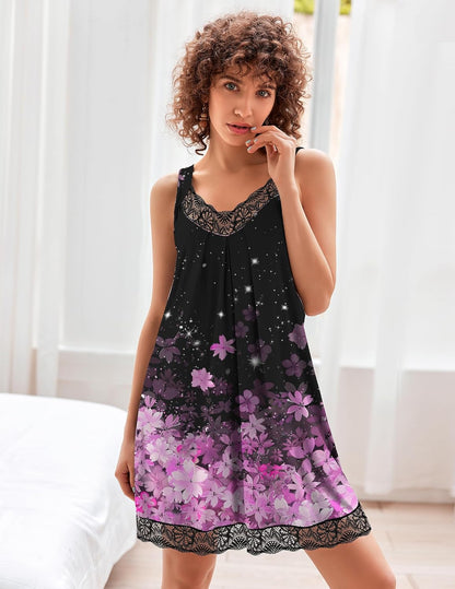 Ekouaer 2 Pack Night Gowns for Adult Women V Neck Lace Sleeveless Sleepwear
