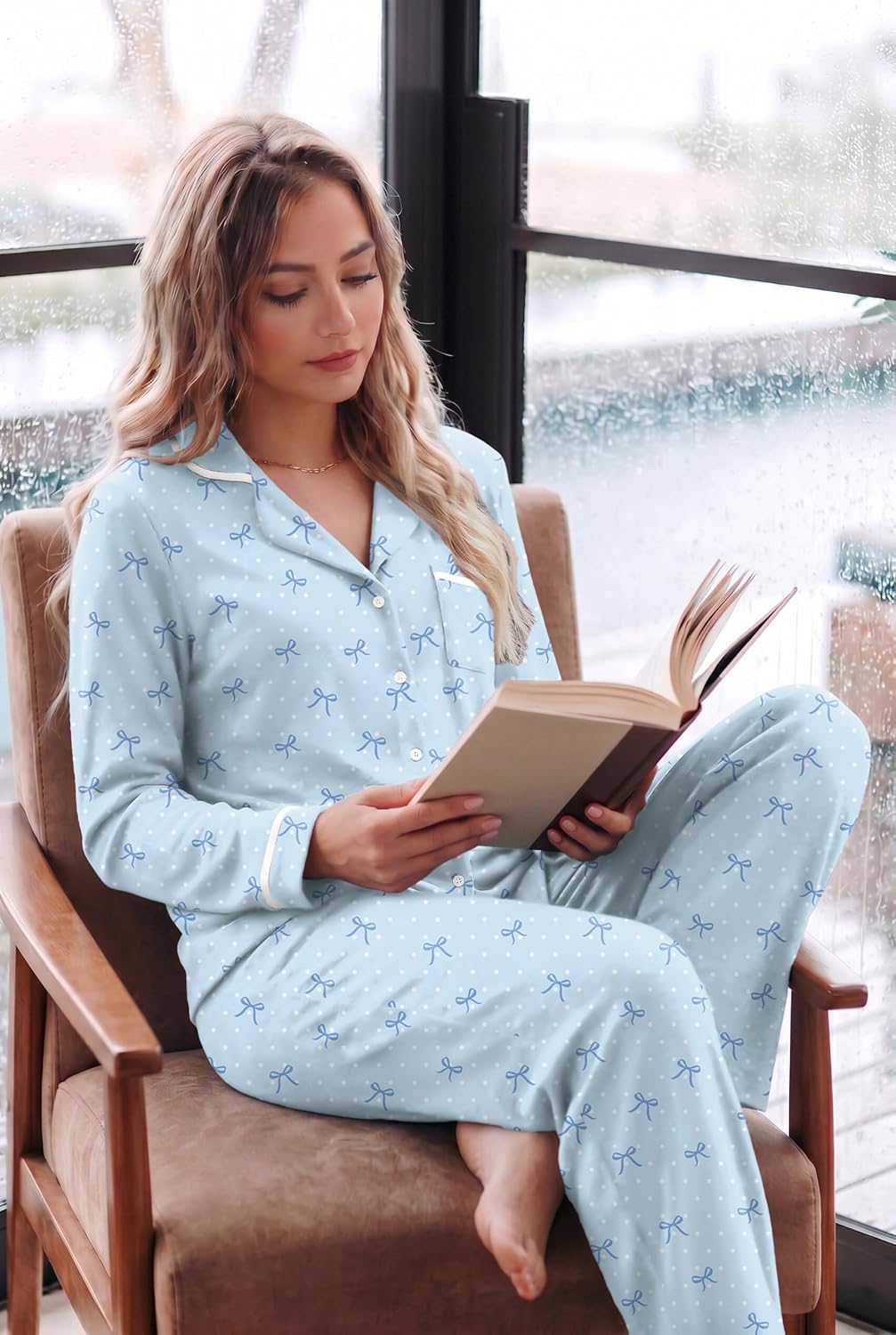 Ekouaer Womens Pajama Sets Long Sleeve Button Down 2 Piece Lounge Set