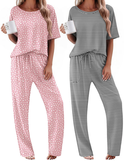 Ekouaer 2 Pack Womens Pajamas Sets Short Sleeve Long Pants Pjs Lounge Set