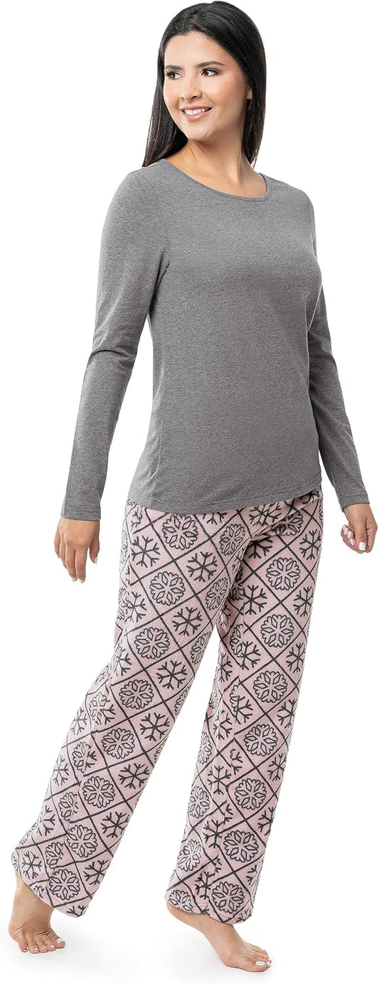 Fruit of the Loom Women's Sueded Jersey Crew Top and Fleece Pant Sleep Set