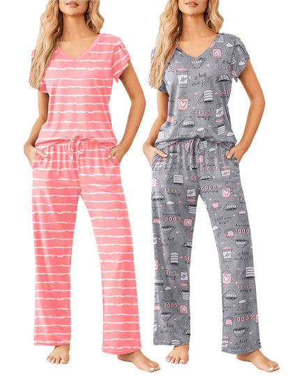 Ekouaer 2 Pack Womens Pajama Set Short Sleeve Sleepwear Soft Pjs Lounge Set