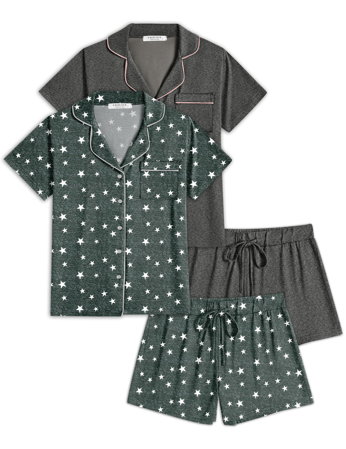 Ekouaer Womens Pajamas Set 2 Pack Button Down Summer Short Sleeve Pjs S-XXL