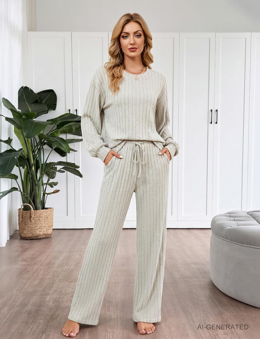 Blooming Jelly Women Ribbed Long Sleeve Pajama Sets Fall Loungewear Pockets