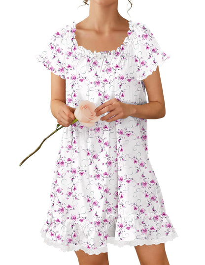 Ekouaer Cotton Nightgowns for Women Short Sleeve Victorian Night Gowns