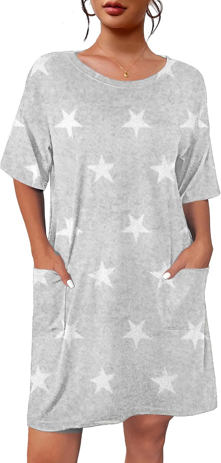 Ekouaer Womens Nightgown with Pockets Short Sleeve Sleep Shirts