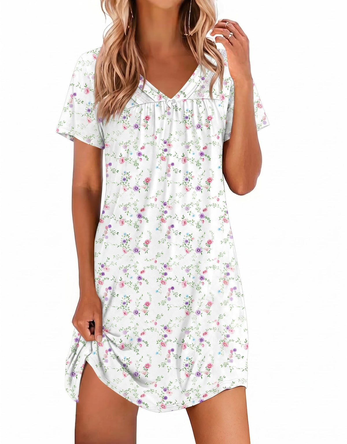 Ekouaer Nightgowns for Women V Neck Sleepshirt Short Sleeve Nightdress Lace Trim Night Gown House Dress with Pockets