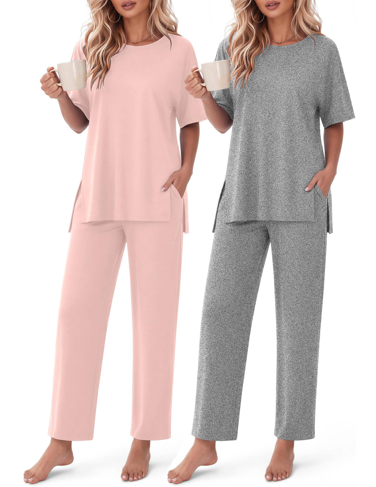 Ekouaer Women's Lounge Sets Short Sleeve Top Long Pants 2 Piece Outfit Set